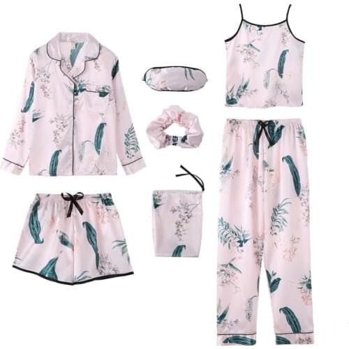 Women Pajamas Sets Spring Summer 7 Pcs Set Silk Print Shorts Long Sleeve Top Elastic Waist Pants Full Lounge Sleepwear Nightwear