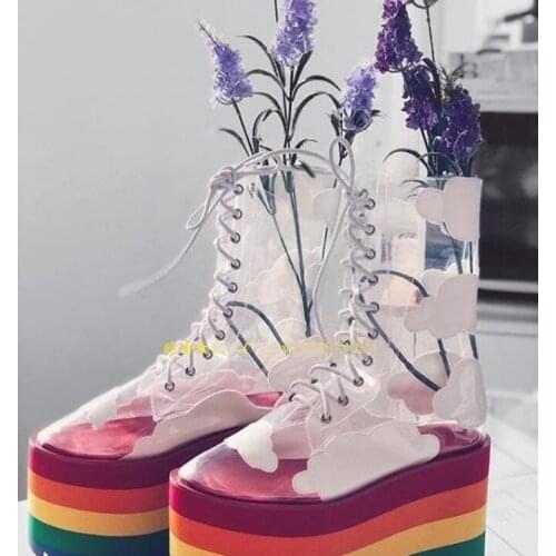 Beauty Rainbow Colors Thick Platform Cloud Stars Transparent Boots Clear PVC Lace-up Colorful sole Increasing Ankle Boots Shoes