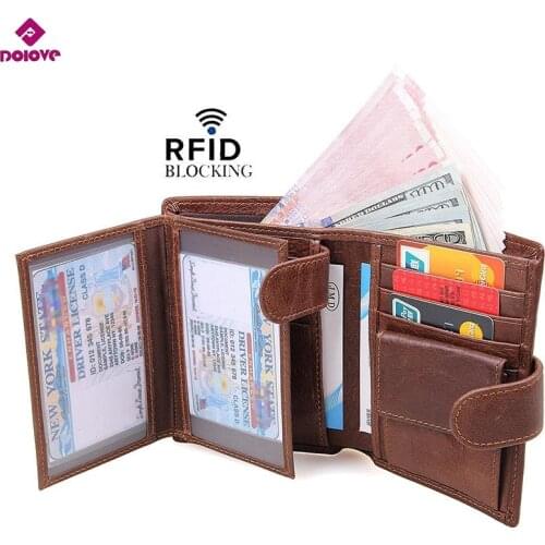 DOLOVE New Design 100% genuine leather men wallets High-quality Multi card short wallet Mens Cow Leather RFID Card Holder
