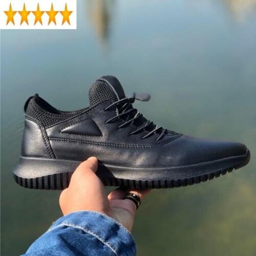 Cowhide Brand Business Mens Genuine Leather Casual Sneakers Flat Slip-On Loafers Fashion Black Trainers Men Active Shoes