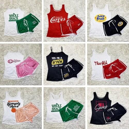 New Listing Womens Solid Color Printed Letter Shorts Suit Tight-Fitting Girls Casual Beach Style Womens Vest Shorts Suit