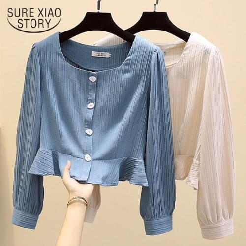 2020 Autumn New French Square Collar Long Sleeve Shirt Women Retro Buckle Clavicle Top Slim Overalls Vintage Ropa De Mujer 11058