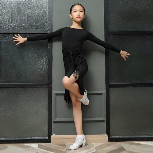 Girls Latin Dance Fringe Practice Dress Professional Long Sleeve Latin Performance Clothes Rumba Tassel Training Costume DWY4822