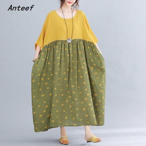 Short sleeve cotton vintage plaid dresses for women casual loose long summer dress elegant clothes 2021 sundress