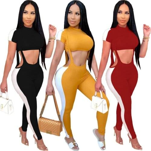 Casul Women Set Knit Ribbed Two Piece Set Crop Top + Jumpsuit Solid Color Patchwork Short Sleeve Tracksuit Clothes For Women