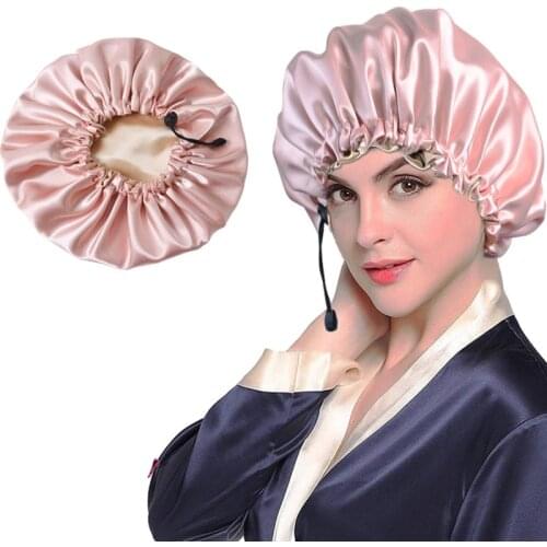 Adjustable Size Sleep Night Cap Reversible Satin Bonnet Double Layer Head Cover Bonnet Hat for For Curly Springy Hair Black