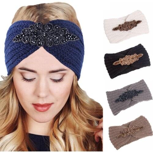 Luxury Women Winter Crochet Headband Jeweled Hair Band Head Wrap Twist Knitted Turban Headwarmer