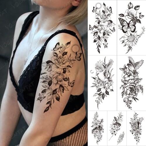 Waterproof Temporary Sleeve Tatooo Sticker Sunshine Orchid Butterfly Flower Blooming Tattoo Man Women Body Art Fake Tatoo Black
