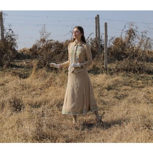 Spring Original Design Autumn Winter Women Vintage Elegant SLim Mori Girls Exquisite Rose Embroidery Long Knitted Skirt