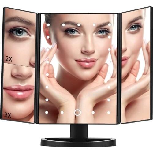 Makeup Mirror With Led Light Touch Screen Vanity Mirror With 21 LED Lights 1X/2X/3X Magnifying 3 Folding Cosmetic Mirror
