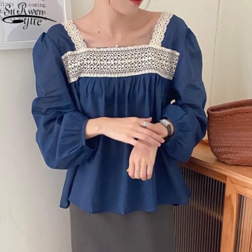 2021 Autumn Blouse Women Solid Color Long Sleeve French Sweet Puff Sleeve Lace Shirts Woman Vintage Fashion Women Clothing 10319