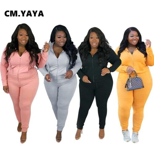 CM.YAYA L-4XL large size Sport Sweatsuit Womens Set Sweatshirt Straight Pants Set Active Tracksuit Two Piece Fitness Outfit