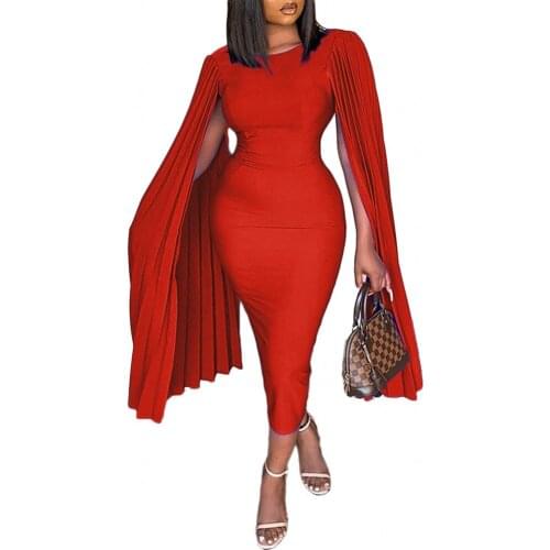 Women Fashion Cloak Sleeve Pleated Bodycon Midi Plus Size Dress Business Pencil Dress Dinner Robe Vestidos African Work Clothing
