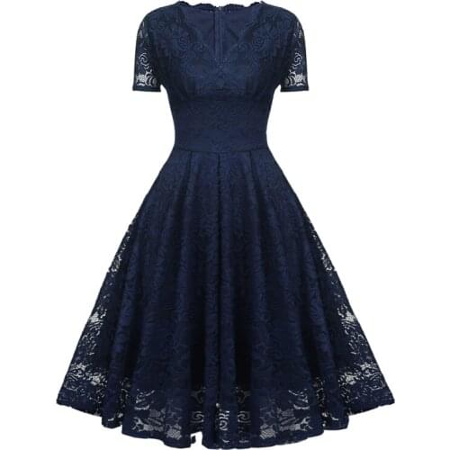 High waist lace elegant party evening midi dresses for woman 2021 short sleeve vintage style ruffle swing dress SP1416