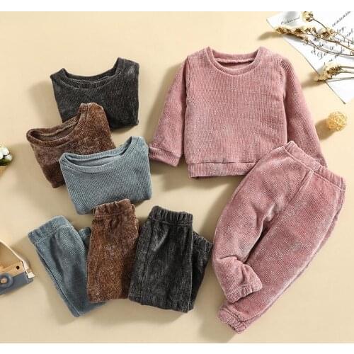 2-6Years 2 Pcs Infant Casual Outfits Girls Solid Color Long Sleeve Round Neck Pullover + Trousers