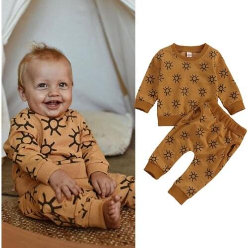 2020 0-24M Infant Baby Boy Girl Fall Clothing Sun Print Long Sleeve Sweatshirt Top+Pockets Harem Pants 2pcs Kids Outfits Set