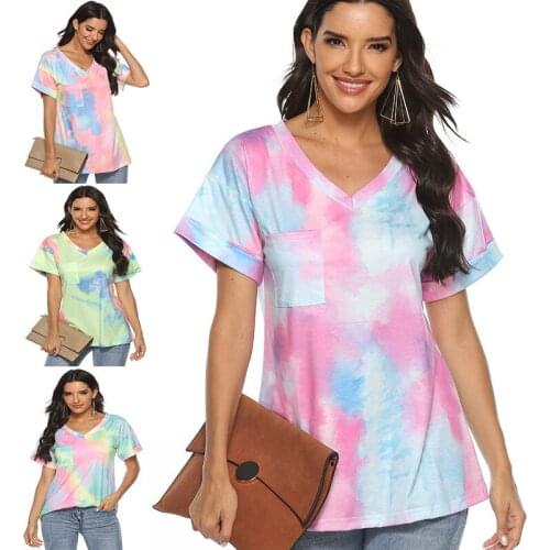2021 New Summer Tie Dye Gradient Printed T-Shirt Beach Loose Casual Tops V-neck Short Sleeve T Shirt Female Plus Size Camisa 2XL