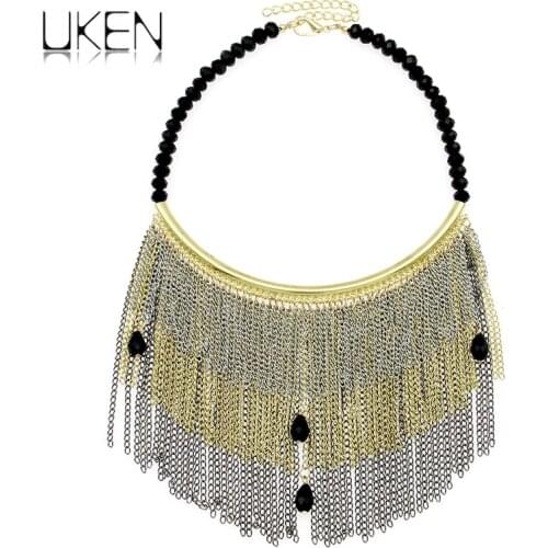 UKEN Party Dress Accessories Women Statement Necklace Acrylic Beaded Metal Chains Tassels Alloy Pipe Fashion Choker Jewelry