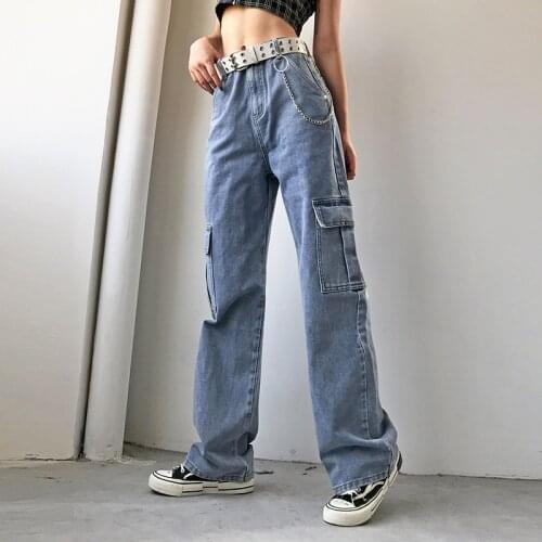 White Wide Leg Jeans Women Spring Autumn Fashion Big Pockets High Waist Straight Leg Jeans