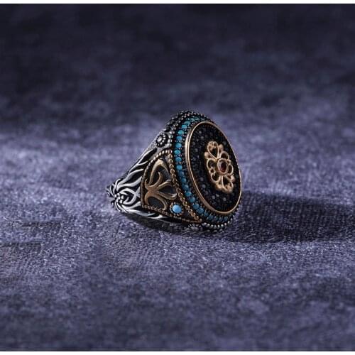 Turquoise 925 Sterling Silver Engraved Special Craftmanship Traditional Handmade Turkish Signet Ring Jewelry Gift for Women Men