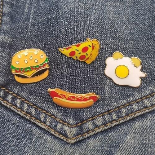 Original Cute Foodie Hamburger Pizza Hot Dog Poached Egg Series Brooches Enamel Lapel Pins Clothes Metal Badge Gift For Friends