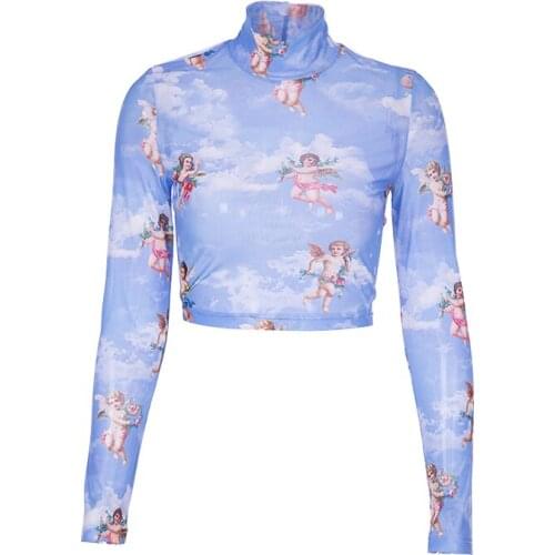 Fanco Cupid Sexy Women Ins T-shirt See Through Transparent Mesh Tops Slim Long-sleeved Stand-up Collar T-shirt Female