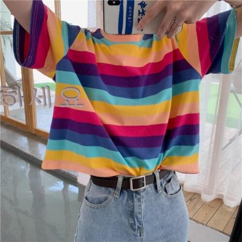 Size Fashion Women Rainbow Stripe Round Neck Short Sleeve Loose T-shirt Blouse Top Stripe Pattern Loose Fit Skin-friendly