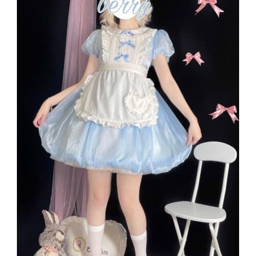 Lolita Blue Kawaii Lolita Dress For Girls Maid Princess Fairy Peter Pan Collar Dress Japanese Style Cute Puff Sleeve Party Dress
