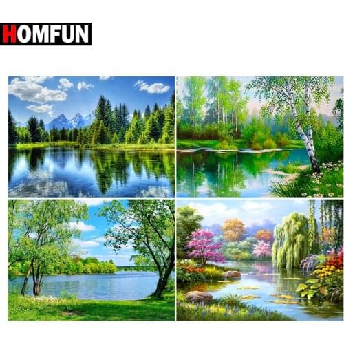 HOMFUN Paint With Diamond Embroidery "River tree landscape" Diamond Painting Full Square Round Picture Of Rhinestone Decor