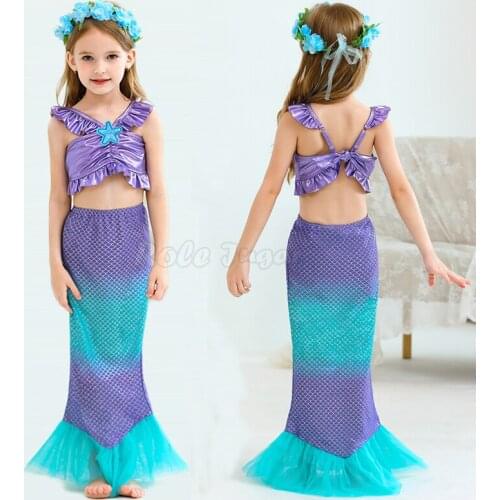 3pcs Girls Princess Dress Summer Little Mermaid Cosplay Costume Fancy Kids Halloween Carnival Christmas Party Clothes C35M199