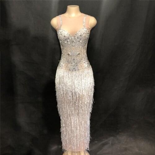 New woman Rhinestones Tassel Perspective Dress Singer Bar Birthday Celebrate Costume Mesh Long Dress Stones Wear