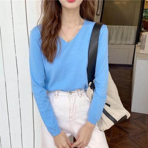 Shintimes V-Neck Basic Elasticity Pullovers Korean Fashion Spring And Autumn 2020 Long Sleeve Sweater Women Knitted Pull Femme