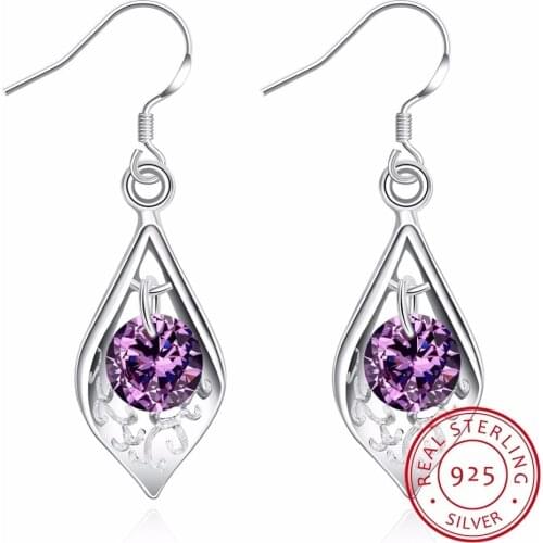 925 Sterling Silver Purple Crystal Drop Earrings For Women Silver Trendy Party Pin Korean Earrings Jewelry Fashion Decoration