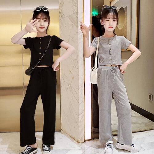 Summer Kids Tracksuit Toddler Teenage Girls Clothes Sets Solid Crop Top T Shirt Wide Leg Pants Big Girl Outfits 6 8 10 12 13 14Y