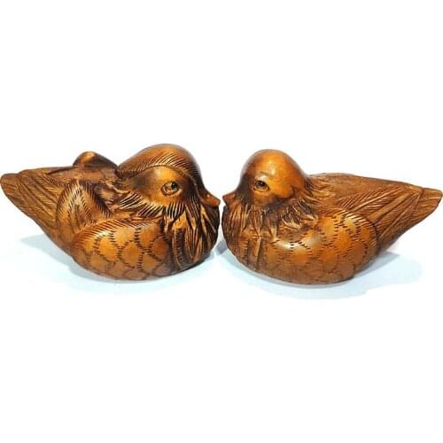 Y7424 - 2 " Hand Carved Boxwood Netsuke Figurine Carving : Mandarin Duck Pair