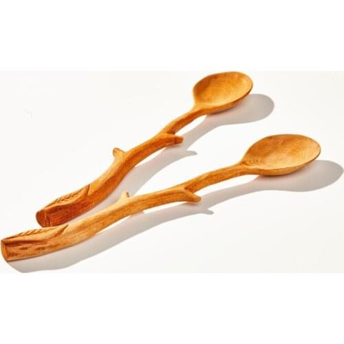 Japanese Style Wooden Spoons Branch Shape Long Handle Scoop Coffee Stirring Spoon Tableware Kitchen Utensil Soup Spoon