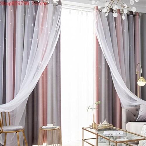 Gradient Rainbow Color Hollow Star Double Layer Blackout Curtains Kids Girl White Sheer Window Curtains For Bedroom Living Room