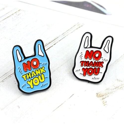 Green Plastic Bag Two-color Brooch NO THANK YOU Cartoon Plastic Bag Raw Enamel Pin Knit Backpack Badge Family Friends Gifts