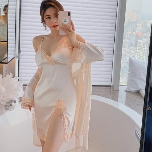 White Sexy Lace Trim Wedding Robe Nightgown Set Women Summer Thin Silky Satin Sleepwear Nightdress Casual Loose Home Clothes