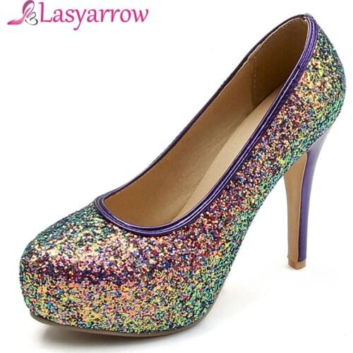Lasyarrow Bling Bling Womens Pumps Concise Shallow Mouth Platform Shoes Woman Round Toe High Stilettos Heels Party Shoes RM556