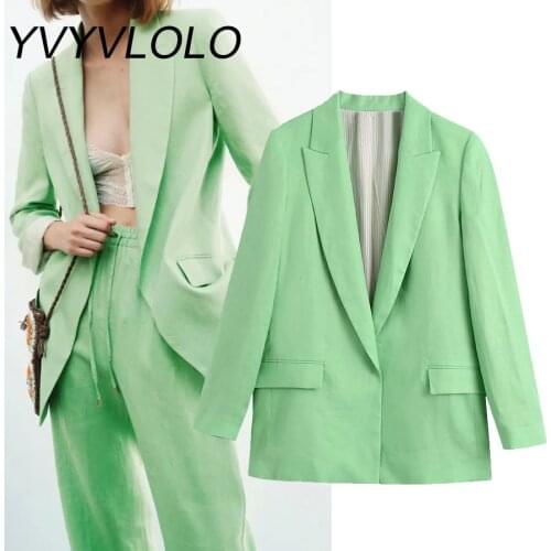 YVYVLOLO Women Green Oversized Blazer Za 2021 V Neck Pockets Long Sleeve Office Lady Jackets Linen Elegant Mujer Tops Blazer
