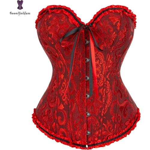 Women Jacquard Floral Overbust Corset Lace Up Body Shaper Pleated Waist Bustier With G String