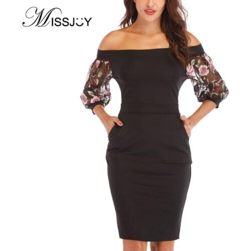 MISSJOY Office Work Patchwork Slim Sexy Pencil Elegant Embroidery Half Sleeves Women Dress 2019 Autumn Split Female Off Shoulder