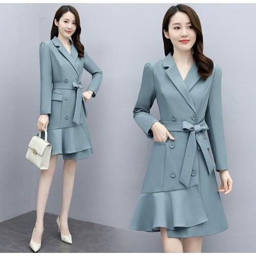 2021 Spring Autumn New Women Lapel Fashion Belt Bow Slim Suit Dress Long Sleeve Elegant Ruffle Hem Lady OL Trend Dress aq264