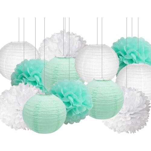 12 pcs Paper Hanging Set Mixed White Mint Green 12" Paper Lanterns 14" Poms Paper Flower for Diy Wedding Babyshower Party Decor