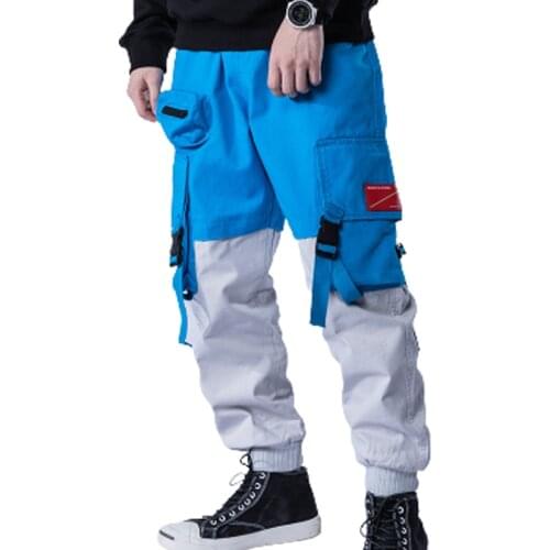Retro Harajuku Style Trend Hit Color Pocket Casual Student Pants Mens Loose Elastic Waist Drawstring Overalls
