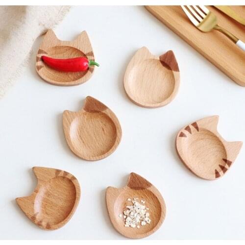 Japanese Style Wooden Sauce Dishes Cute Cat Shaped Dipping Bowls Kawaii Snack Seasoning Kimchi Soy Appetizer Plates Tray