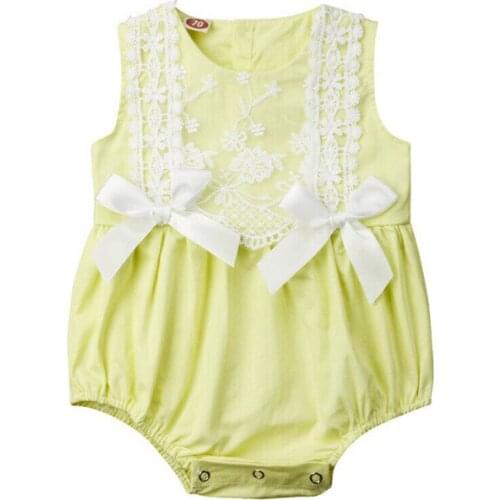 Cute Toddler Baby Girls clothes bow Summer Lace round neck Bodysuit sleeveless kids cotton lovely Geometry Jumpsuit one pieces
