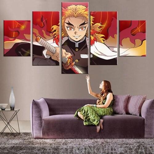 Home Decor Canvas Painting Printed Poster 5 Pieces Kyojuro Rengoku Kimetsu no Yaiba Modular Pictures For Bedroom Wall Artwork