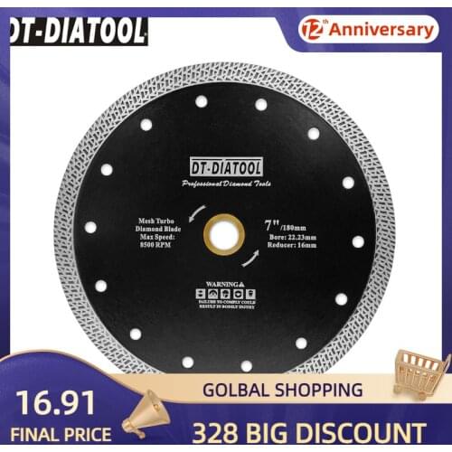 DT-DIATOOL 1pc Dia 180mm/7" Hot-pressed Sintered Diamond Cutting Disc Mesh Turbo Diamond Saw Blade Granite Marble Tile Ceramic